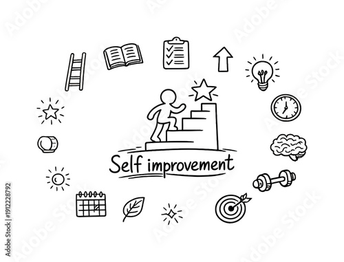 Self improvement. Hand-drawn doodle illustration of Self improvement. In the middle, one slightly larger central doodle