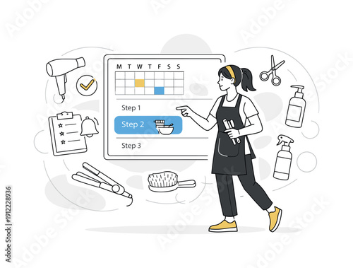 Smart salon experience. Hair professional using touchscreen to plan service steps, calendar and tool icons floating