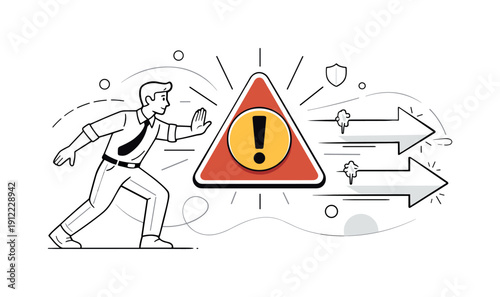 High Priority Alert. Character stopping a process mid-motion as a bold alert icon blocks the path, arrows freezing in