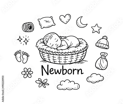 Newborn photo session. Hand-drawn doodle illustration of newborn photo session. In the middle, one slightly larger