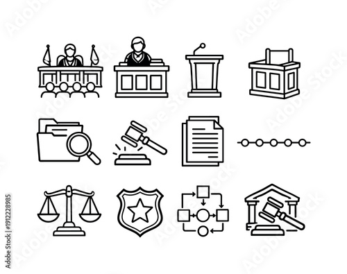 Courtroom proceedings. Line outline icon set of Courtroom proceedings: courtroom interior, judge bench, lawyer podium,