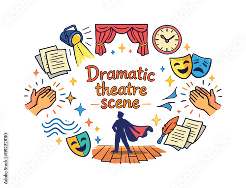 Dramatic theatre scene. Hand drawn illustration of Dramatic theatre scene. intense spotlight, actor silhouette, flowing