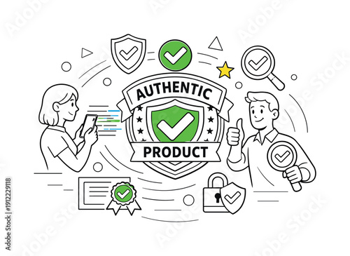 Anti-Counterfeit System. Authentic product badge verified by scanning lines, approval icons appearing. Atmosphere of