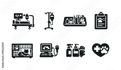 Veterinary clinic support. Filled icon set of Veterinary clinic support: animal hospital room, IV fluid stand, surgical