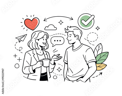 Workplace wellness culture. Employees chatting calmly, one holding a cup while another listens, icons of heart and