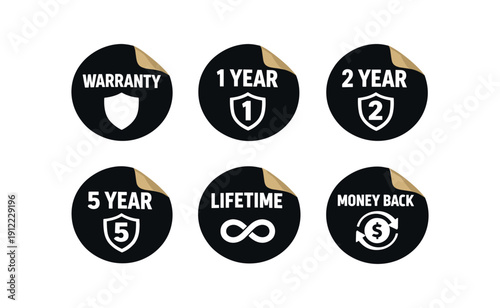 six separate flat vector sticker peel badges badge solid black circle sticker with peeled corner : WARRANTY shield icon 1 YEAR shield 1 icon 2 YEAR shield 2 icon 5 YEAR shield 5 icon