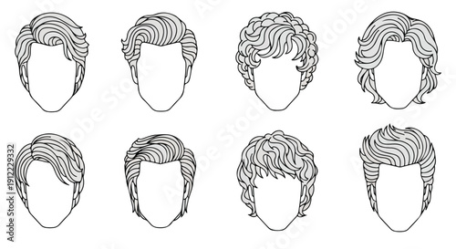 Seven different hairstyles for men in black and white line drawings.