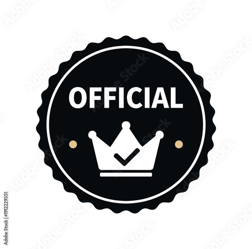 Flat vector seal stamp badge OFFICIAL simple white crown with checkmark tiny