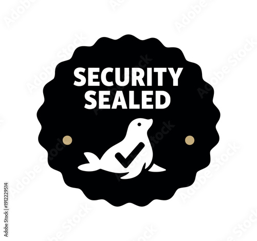 Flat vector seal stamp badge SECURITY SEALED simple white seal with checkmark tiny