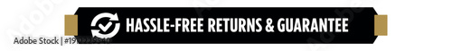 Flat vector label strip badge HASSLE FREE RETURNS & GUARANTEE simple white return arrows with checkmark pictogram beside text small tabs