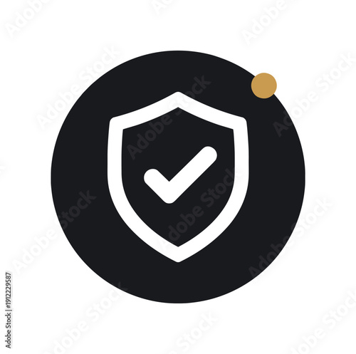 Flat vector badge solid black small circle background shield with checkmark tiny