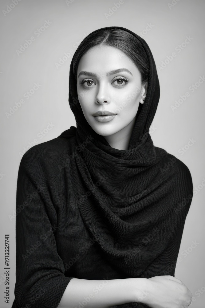 Fototapeta premium Young woman in a black hijab and sweater poses for a black and white portrait, showcasing her facial features against a soft background