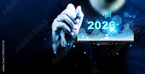 Wallpaper Mural Futuristic artificial intelligence concept with glowing crystal ball showing Year 2026 AI impact to global Economy with digital icons of cloud computing 5G network data storage and machine learning.	 Torontodigital.ca