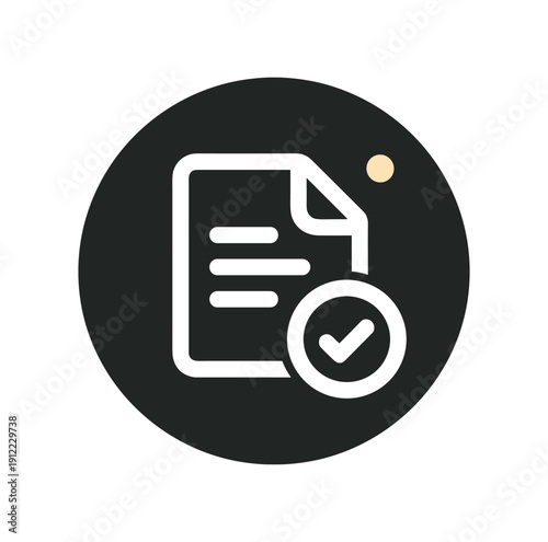 Flat vector badge solid black small circle background document with checkmark tiny