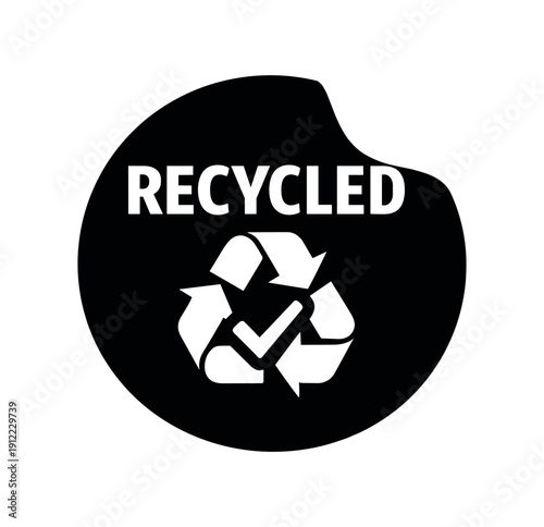 Flat vector sticker peel badge solid black sticker RECYCLED simple white recycle arrows with checkmark