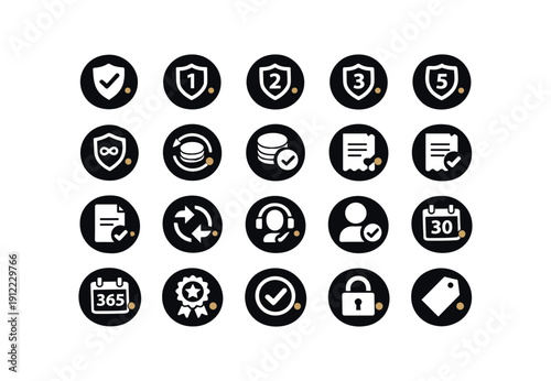 4x5 grid layout on white background twenty separate flat vector badges badge solid black small circle with simple white warranty/guarantee pictogram and tiny evenly spaced : shield