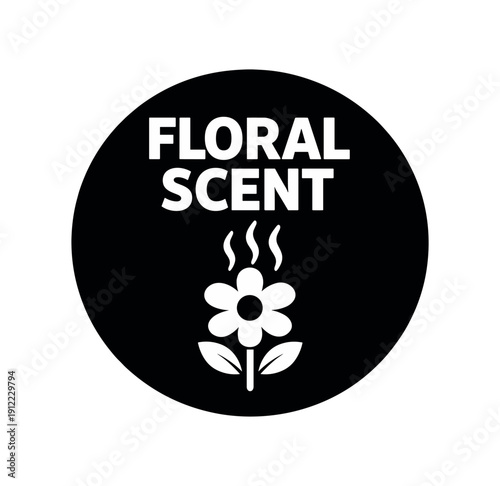 Flat vector badge FLORAL SCENT simple white flower with scent lines