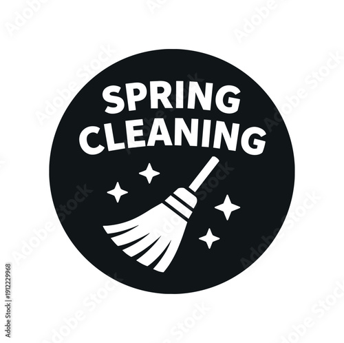 Flat vector badge SPRING CLEANING simple white broom with sparkle