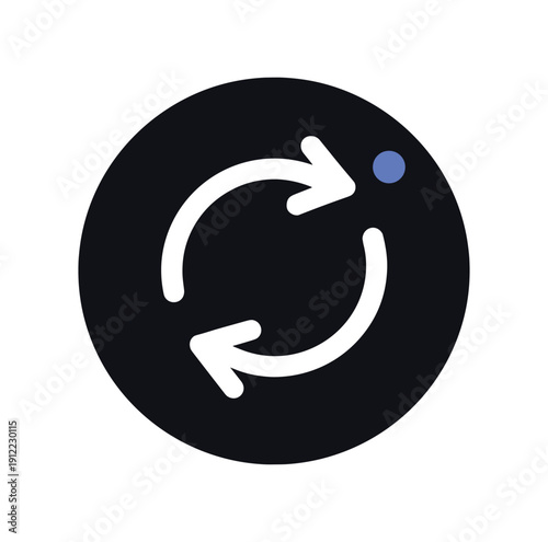 Flat vector badge solid black small circle background return arrows tiny
