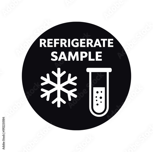 Flat vector badge REFRIGERATE SAMPLE simple white snowflake with test tube