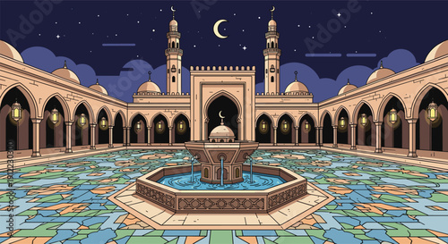 Ramadan Kareem elegant greeting card template with golden crescent moon and stars on blue background for holy month celebration and invitations