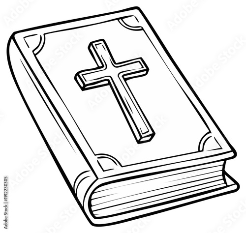 Black and white drawing of a closed book with a raised cross on its cover