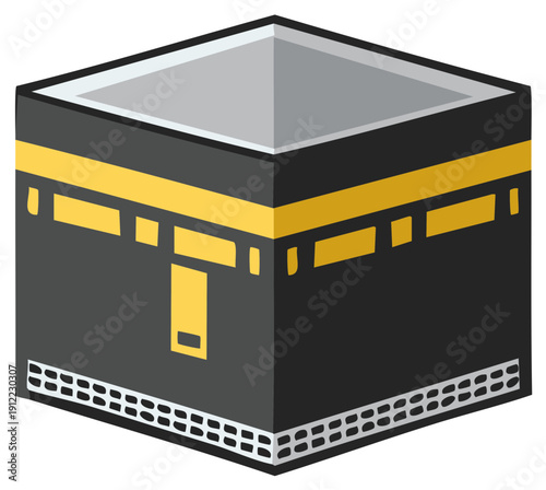 Stylized iconic Kaaba cube structure representing an important religious holy site for Islamic faith and pilgrimage