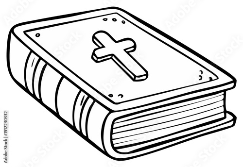 Illustrated book with a cross symbol on the cover, in black and white.