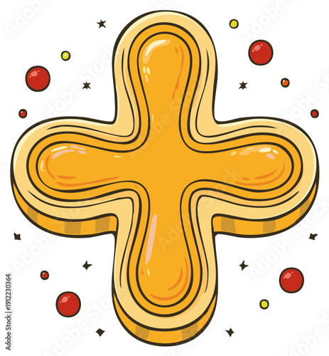 Bright whimsical orange yellow plus sign symbol illustration with shiny red spheres and small stars
