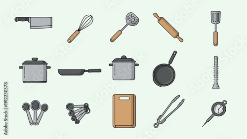 A collection of various kitchen utensils and essential cooking tools.