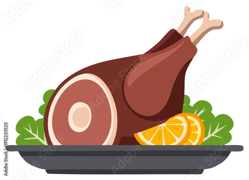 Delicious roasted ham with orange slices and green garnish served on a platter