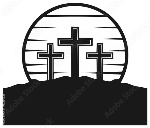 Three crosses silhouetted against a radiant sun over rolling hills