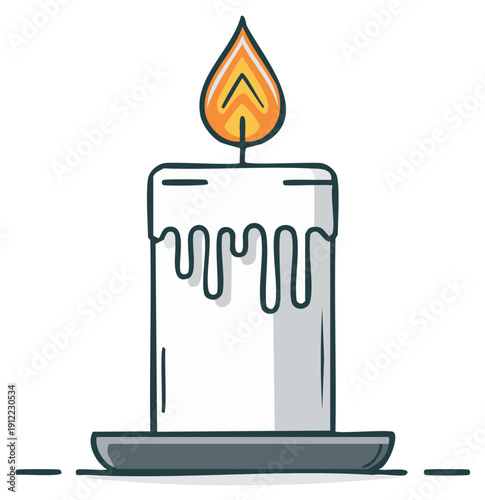 Illustration of a white paraffin candle with a burning orange flame and dripping wax on a dark base