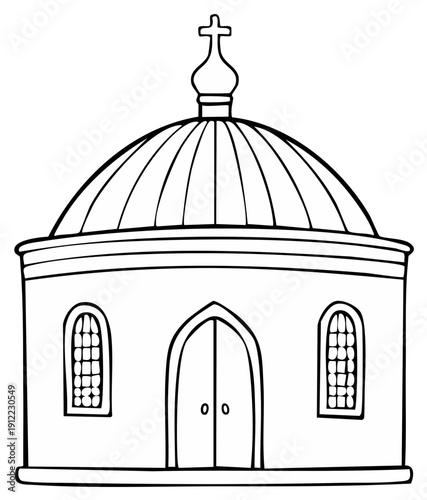 Illustration of a simple, rounded Orthodox church building with a dome and cross