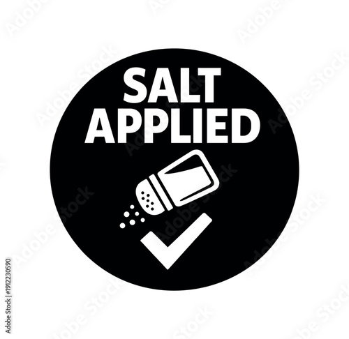 Flat vector badge SALT APPLIED simple white salt shaker with checkmark