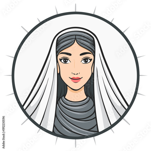 Cartoon Portrait of Woman with Gray Hair and White Veil Spiritual Icon Illustration