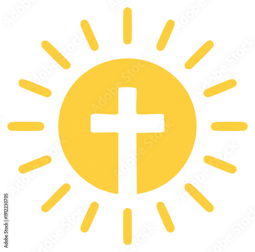 Christian cross symbol within a bright yellow sun with rays icon