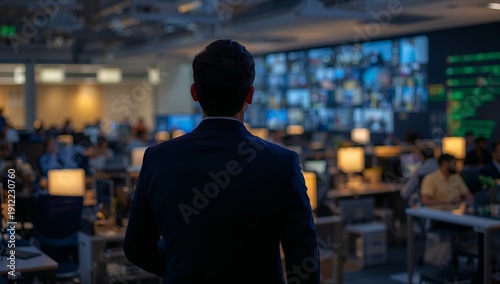 Team Works in Office While a Leader Stands in Front of Monitors in Late Eveni...
