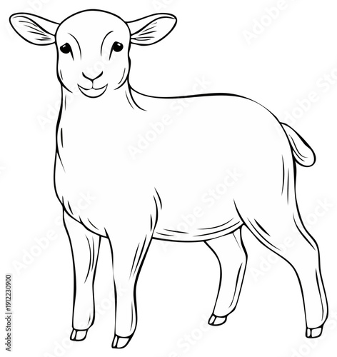 Line drawing of a lamb in standing position, smiling with a happy expression