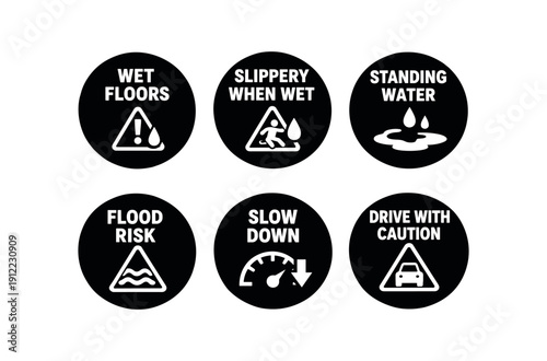 six separate flat vector badges badge solid black circle with the text consistent style and size badge texts and : WET FLOORS with droplet caution triangle icon SLIPPERY WHEN WET with foot