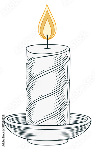 Elegant lit candle with flickering flame atop a decorative candle holder simple illustration