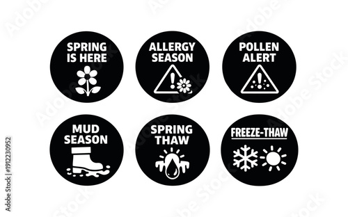 six separate flat vector badges badge solid black circle with the text consistent style and size badge texts and : SPRING IS HERE with flower icon ALLERGY SEASON with flower alert triangle