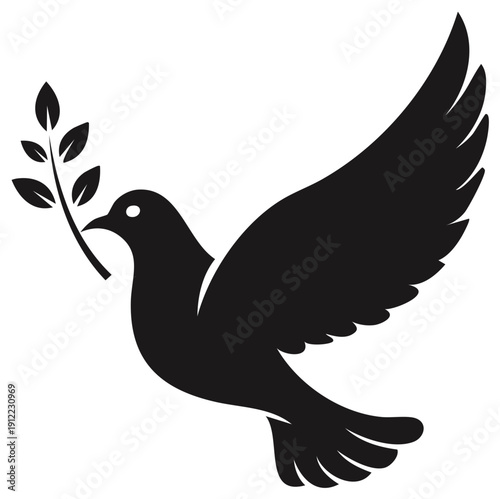 Black dove graphic with olive branch in beak