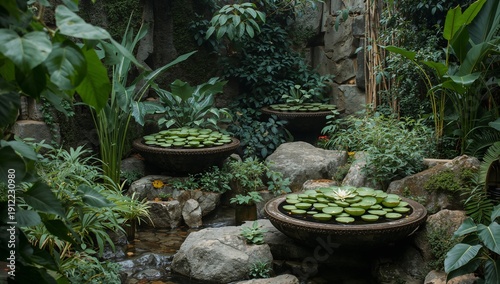 Water Lily Pots in a Garden Surrounded by Plants and Rocks Near a Small Water...