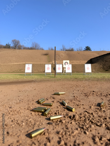 The Target Practice Setup: A shooting range with targets and empty cartridges scattered on the ground.