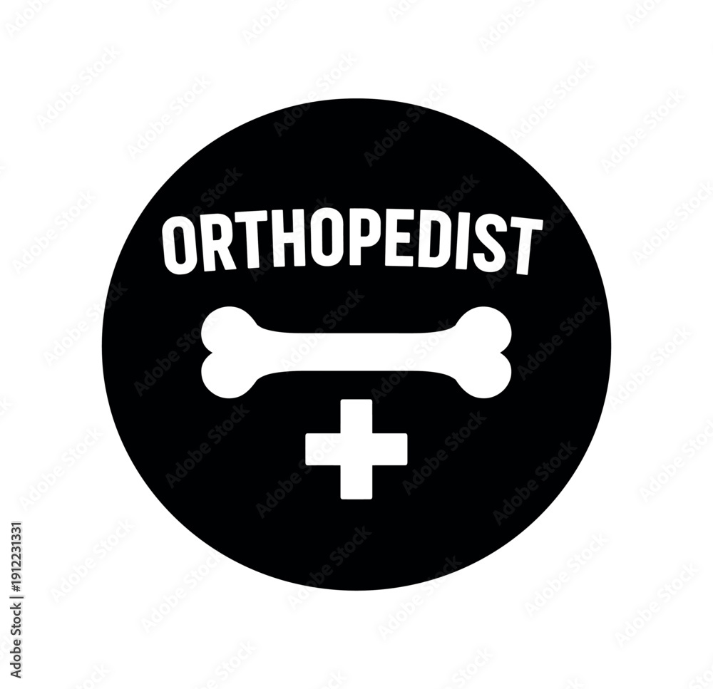 Obraz premium Flat vector badge ORTHOPEDIST simple white bone with medical cross