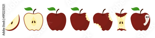 Red apple set with slice, half, bitten shapes and worm, flat vector illustration isolated on white background