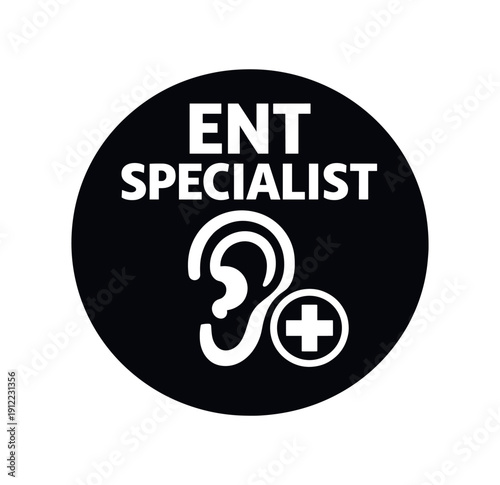 Flat vector badge ENT SPECIALIST simple white ear with medical cross