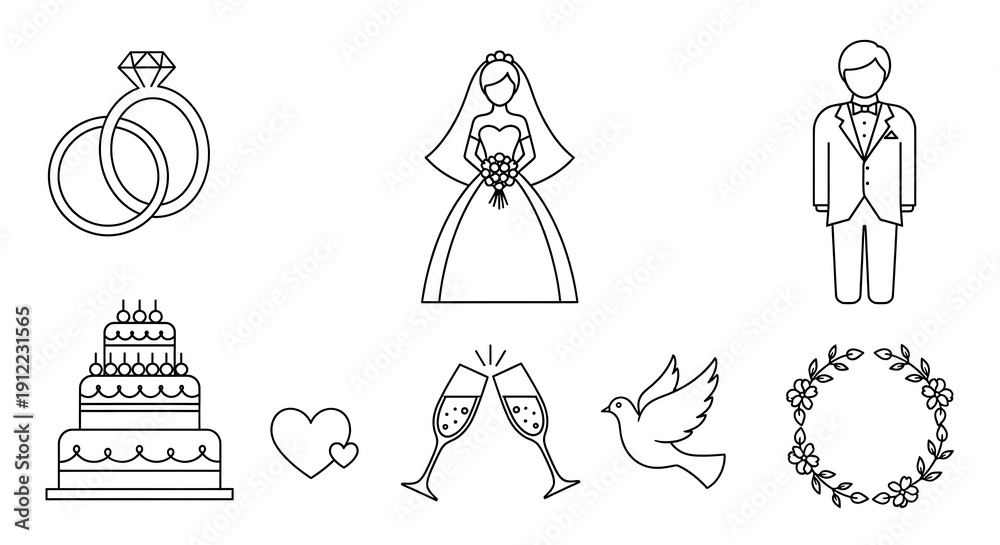 Fototapeta premium Wedding theme with rings, bride, groom, cake, heart,... isolated on a transparent background