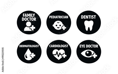 six separate flat vector badges badge solid black circle with the text consistent style and size badge texts and : FAMILY DOCTOR with person medical cross icon PEDIATRICIAN with baby